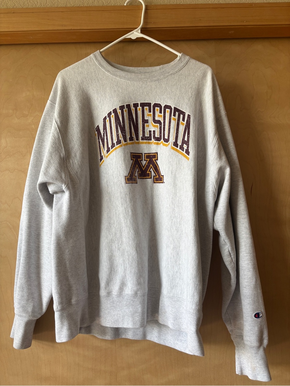 Champion Crewneck Sweatshirt with Minnesota Arch in Maroon and Gold - Light Gray